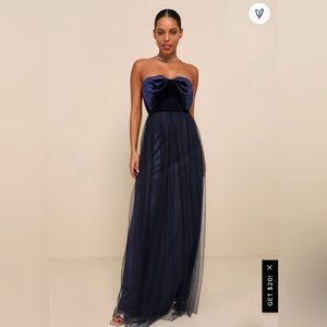 Perfectly Dramatic Navy Velvet Tulle Strapless Bow Maxi Dress